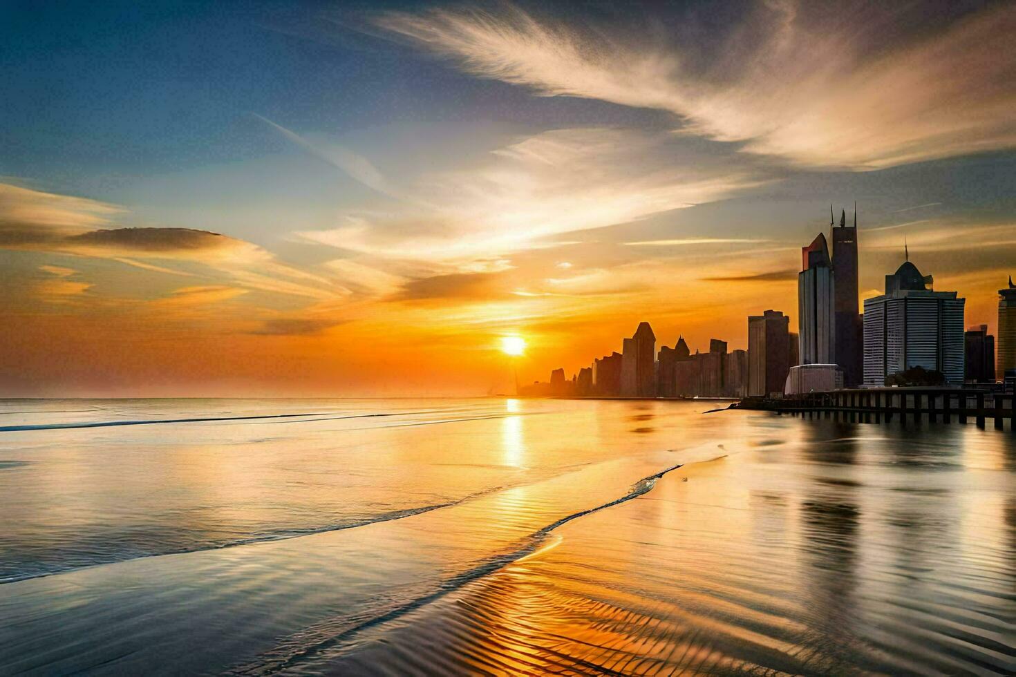 the sun sets over the city skyline in dubai. AI-Generated photo