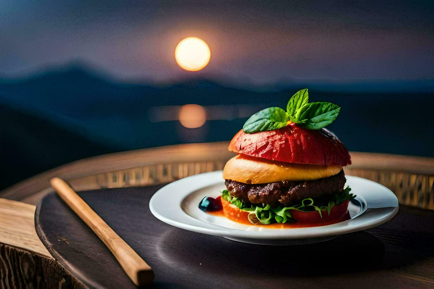 a hamburger with a tomato and lettuce on a plate. AI-Generated photo