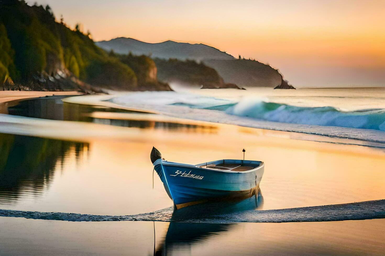 a boat sits on the beach at sunset. AI-Generated photo