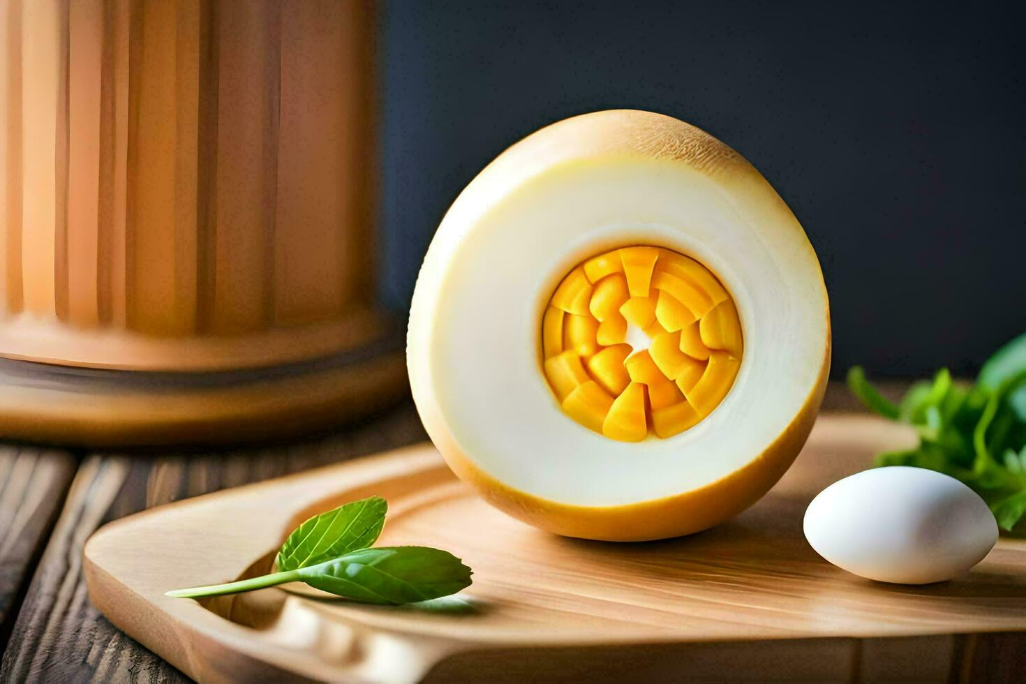an egg with a slice cut out of it. AI-Generated photo