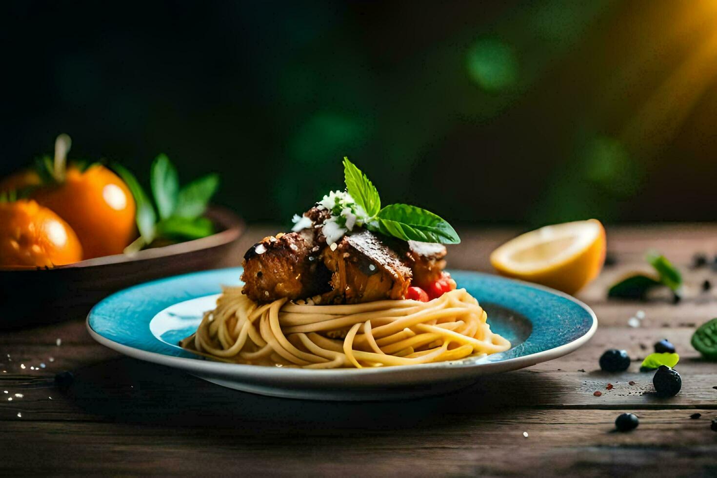 spaghetti with meatballs and tomatoes on a plate. AI-Generated photo