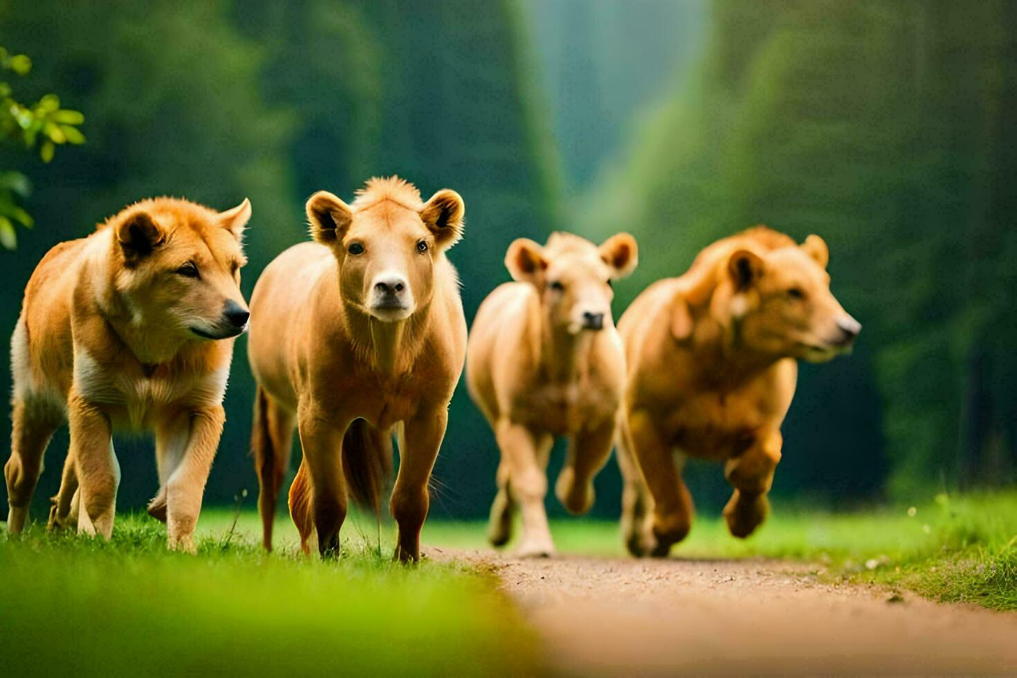 four brown cows running down a path in the forest. AI-Generated photo