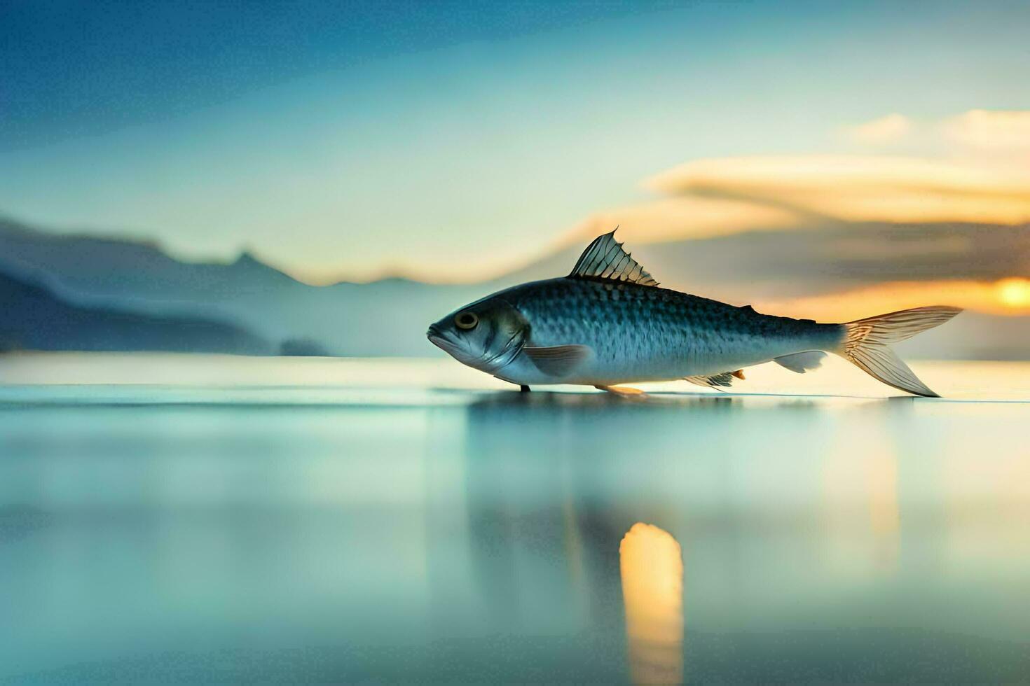 a fish is standing on the beach at sunset. AI-Generated photo