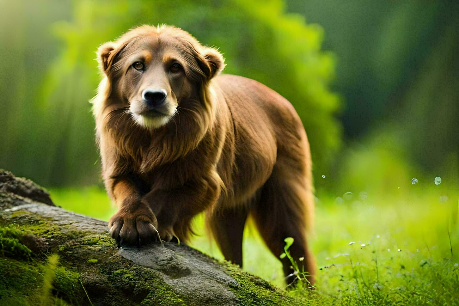 a brown dog is standing on a rock in the grass. AI-Generated photo