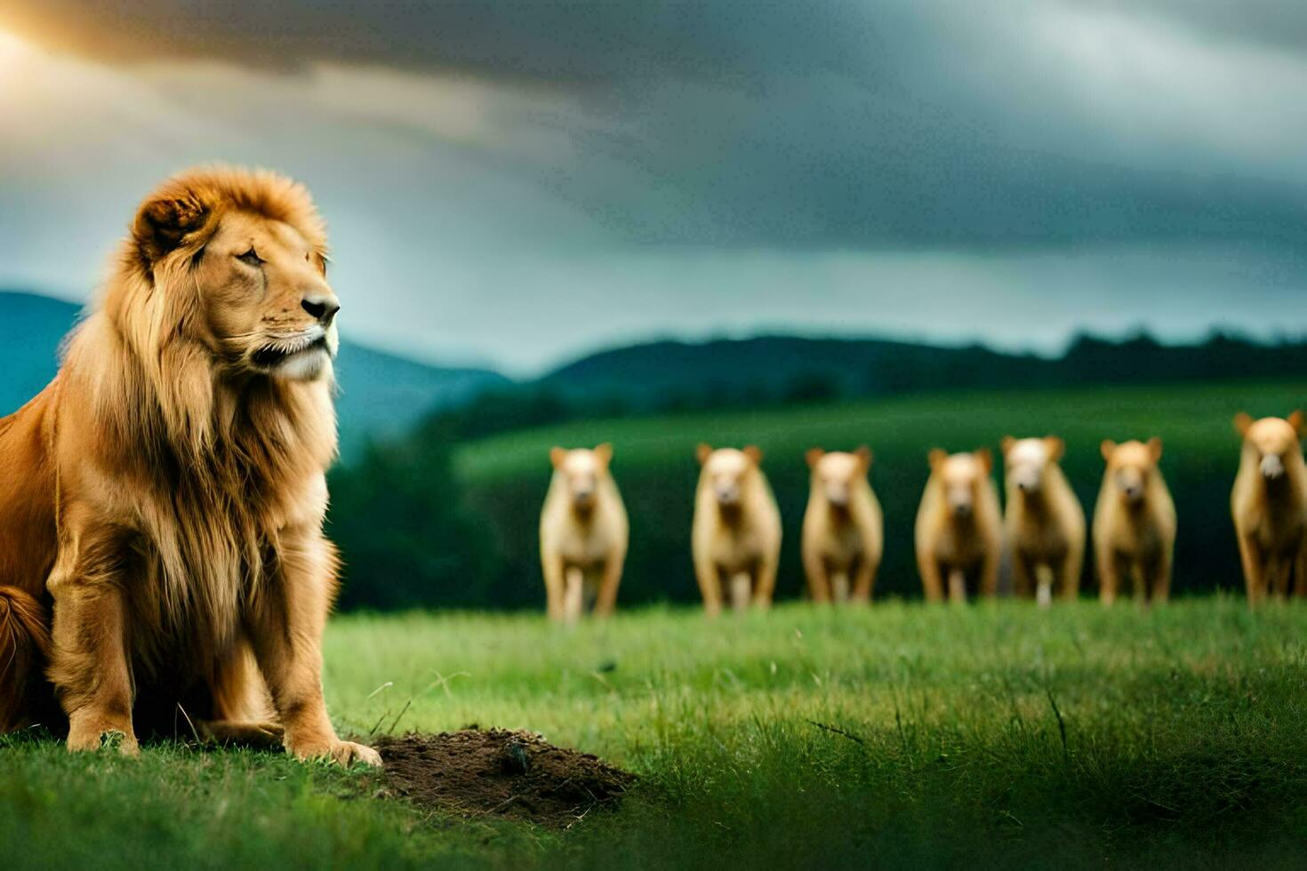 a lion sits in the middle of a field with other animals. AI-Generated photo