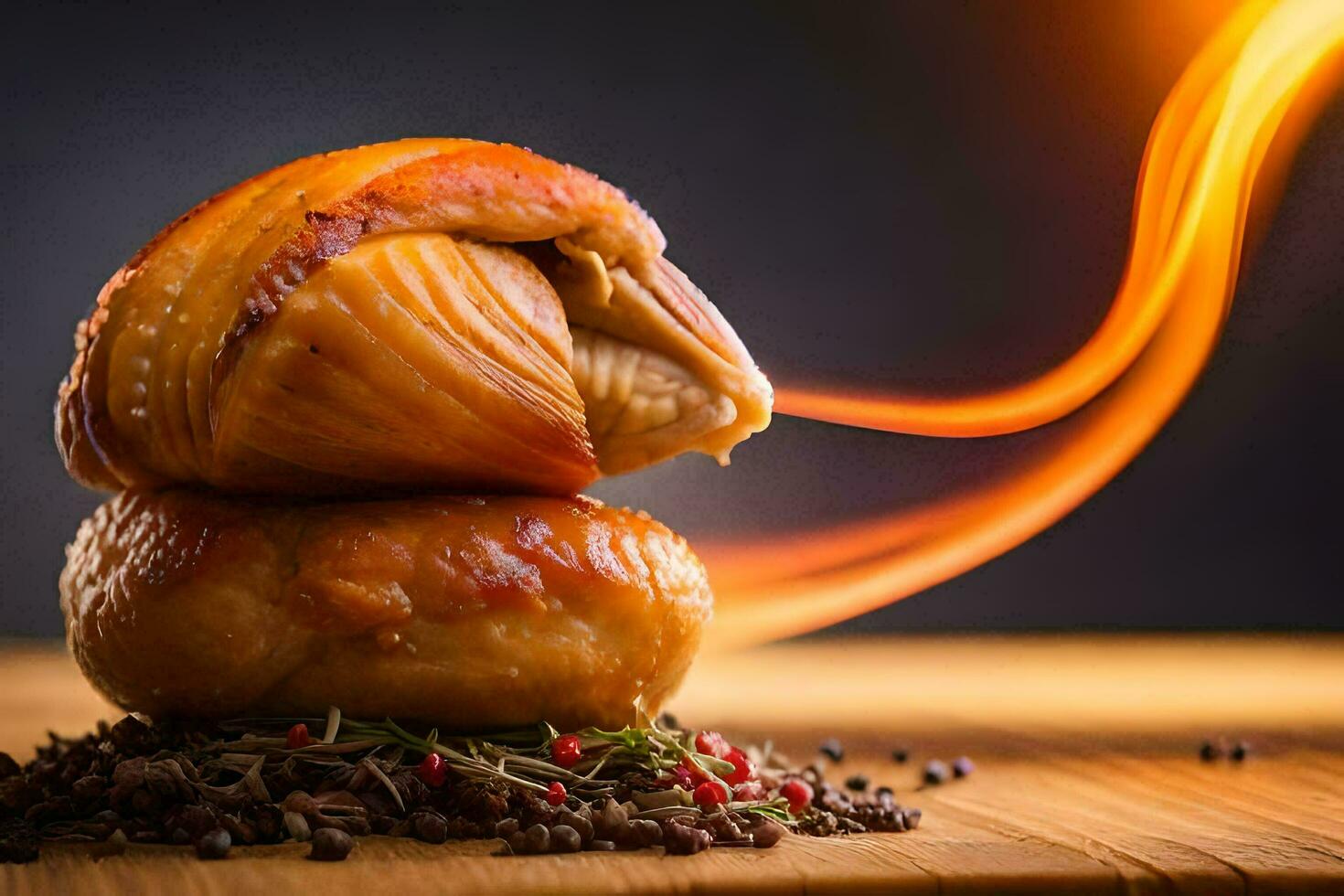 a piece of meat on a wooden board with fire. AI-Generated photo