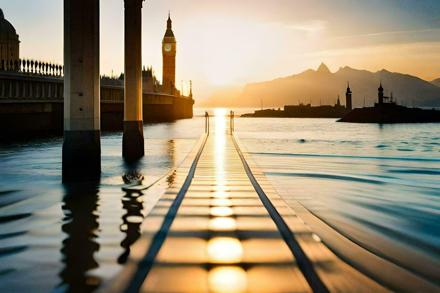 a pier with a bridge over water and a clock tower. AI-Generated photo