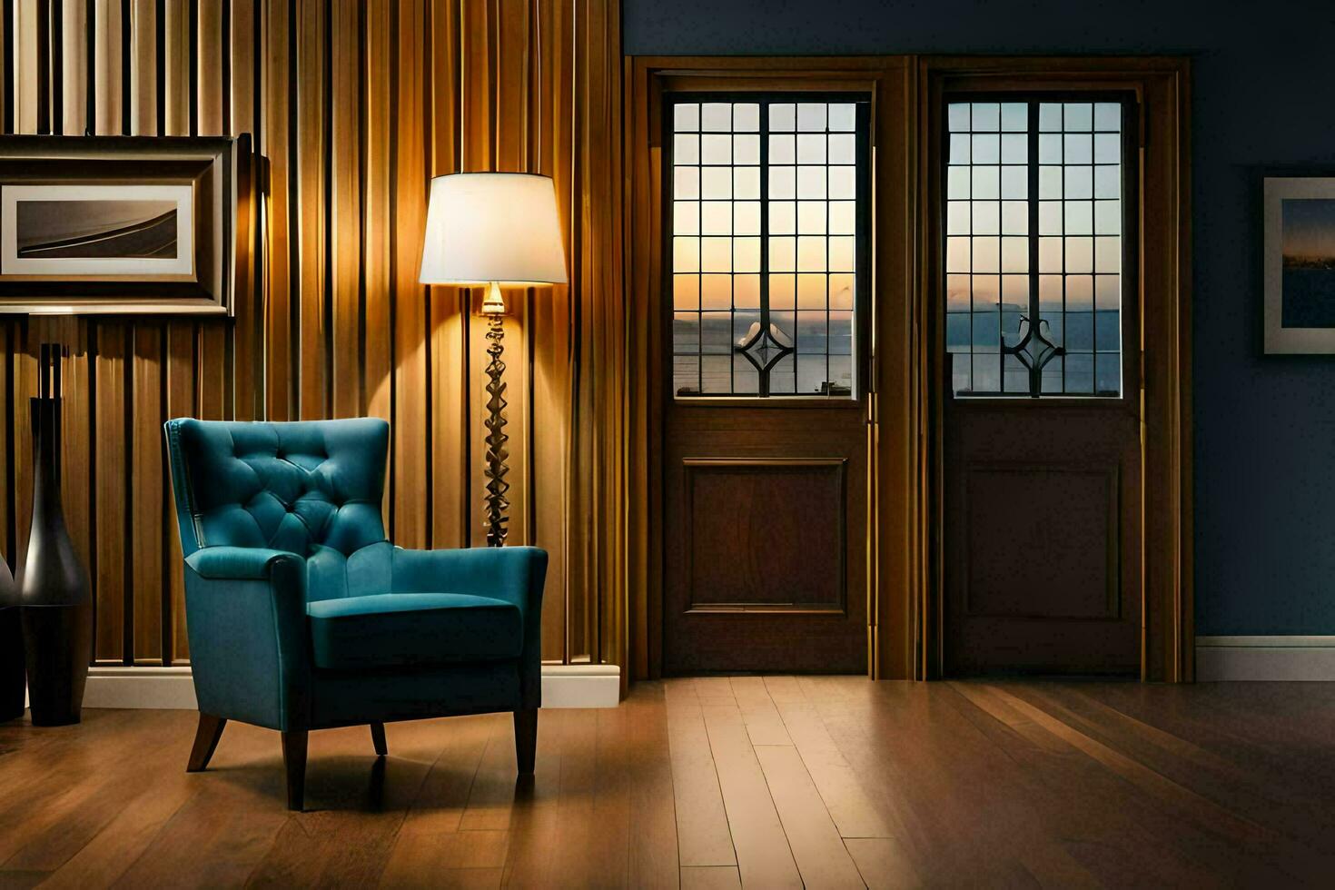 a blue chair and lamp in a room with wood paneling. AI-Generated photo
