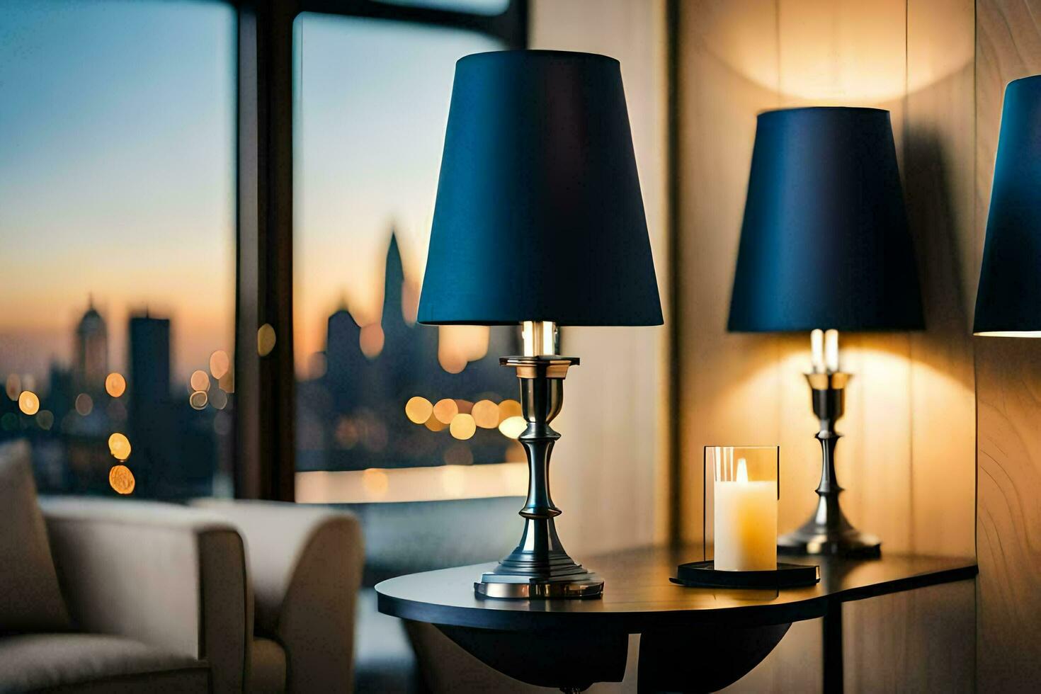 two lamps sit on a table next to a couch. AI-Generated photo