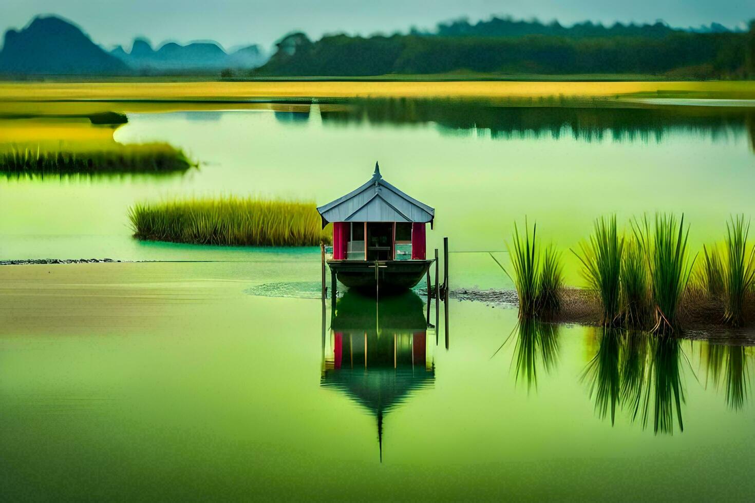 a small boat is floating in the water near a marsh. AI-Generated photo