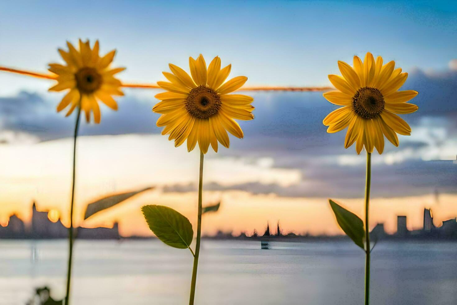 sunflowers in front of a city skyline at sunset. AI-Generated photo