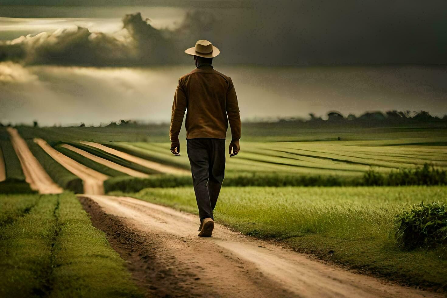 un hombre caminando abajo un suciedad la carretera en un campo. generado por ai foto