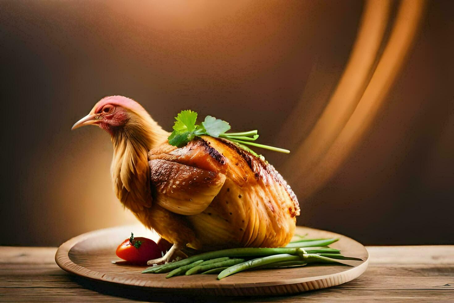 a chicken is sitting on a plate with green beans and tomatoes. AI-Generated photo