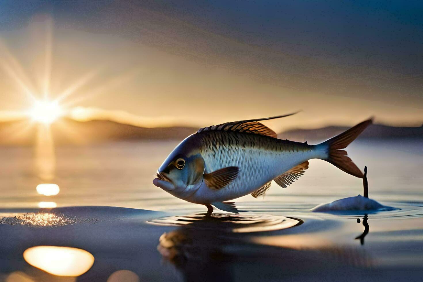 a fish is standing on the water at sunset. AI-Generated photo