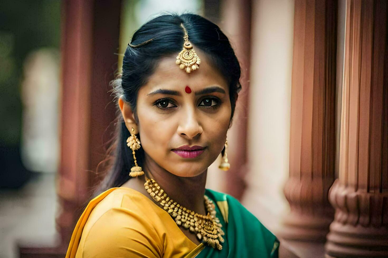 a beautiful indian woman wearing a sari and gold jewelry. AI-Generated photo