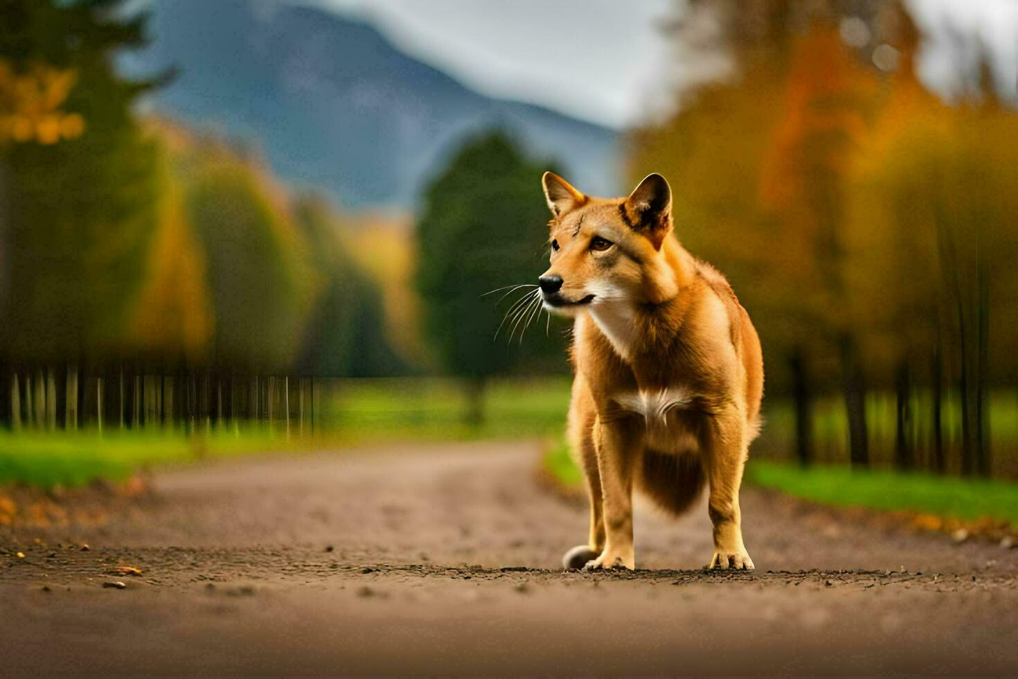 a dog standing on a dirt road in front of trees. AI-Generated photo