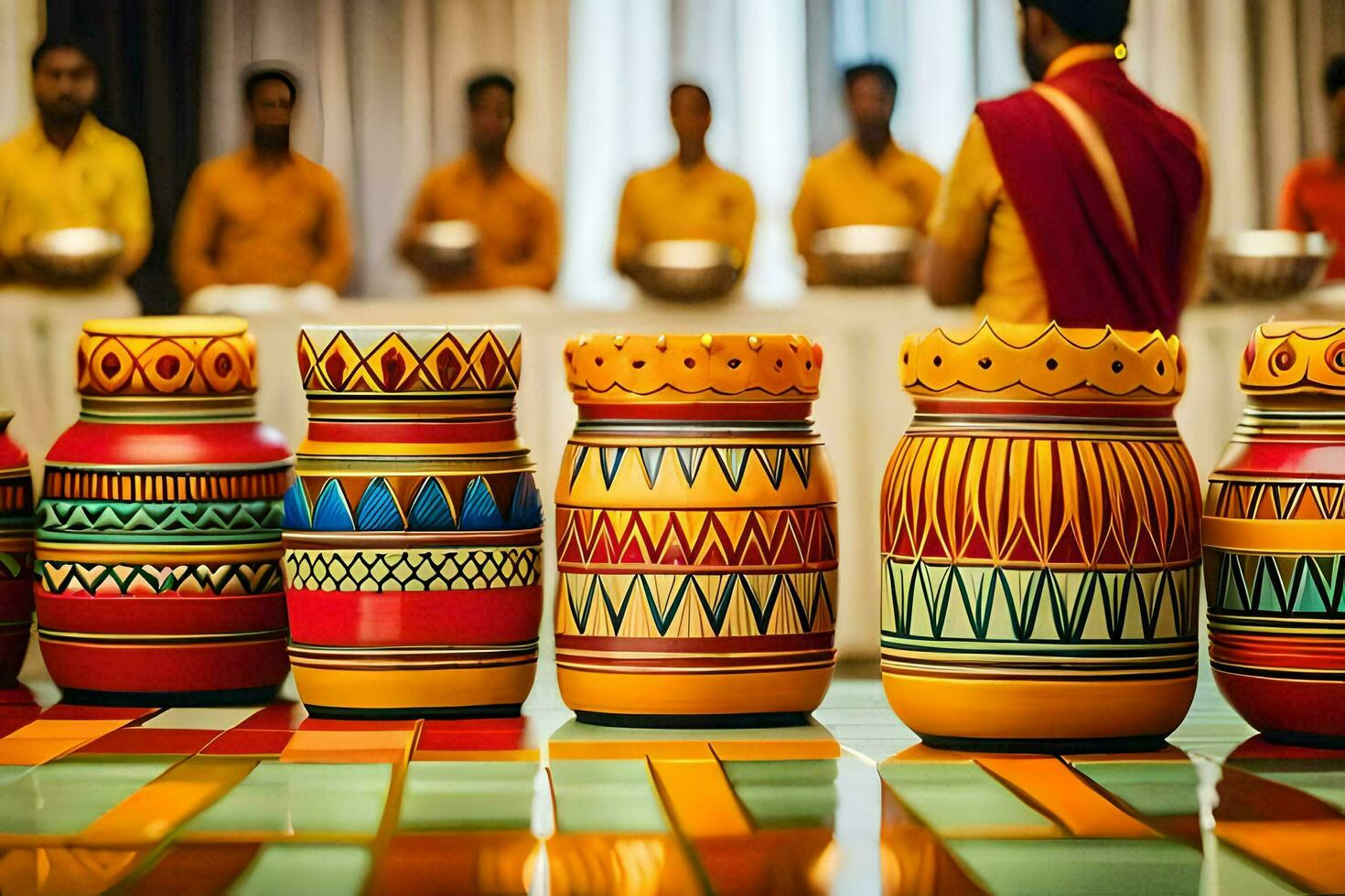 colorful pots on a floor with people in the background. AI-Generated photo