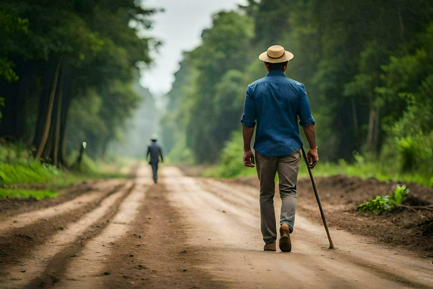 un hombre caminando abajo un suciedad la carretera con un caña. generado por ai foto