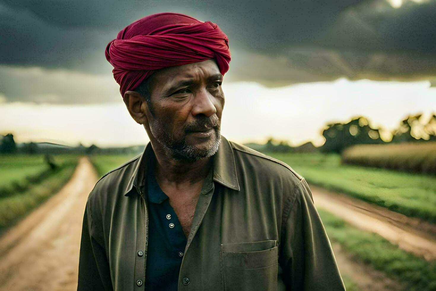 a man in a red turban stands in a field. AI-Generated photo