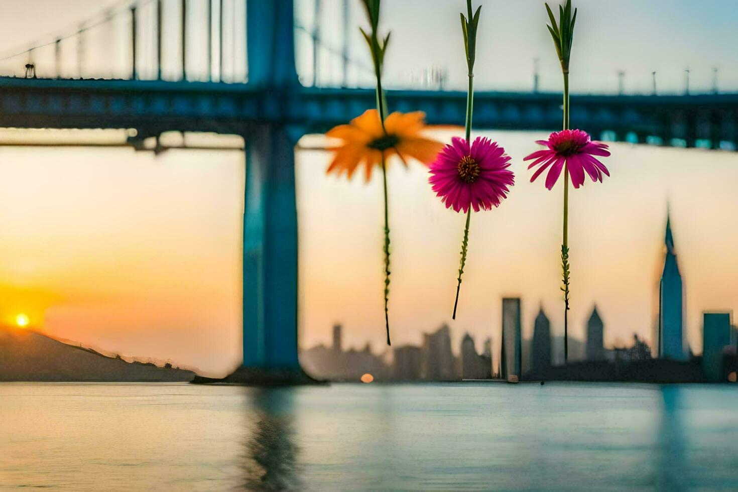flowers hanging from a bridge over water. AI-Generated photo