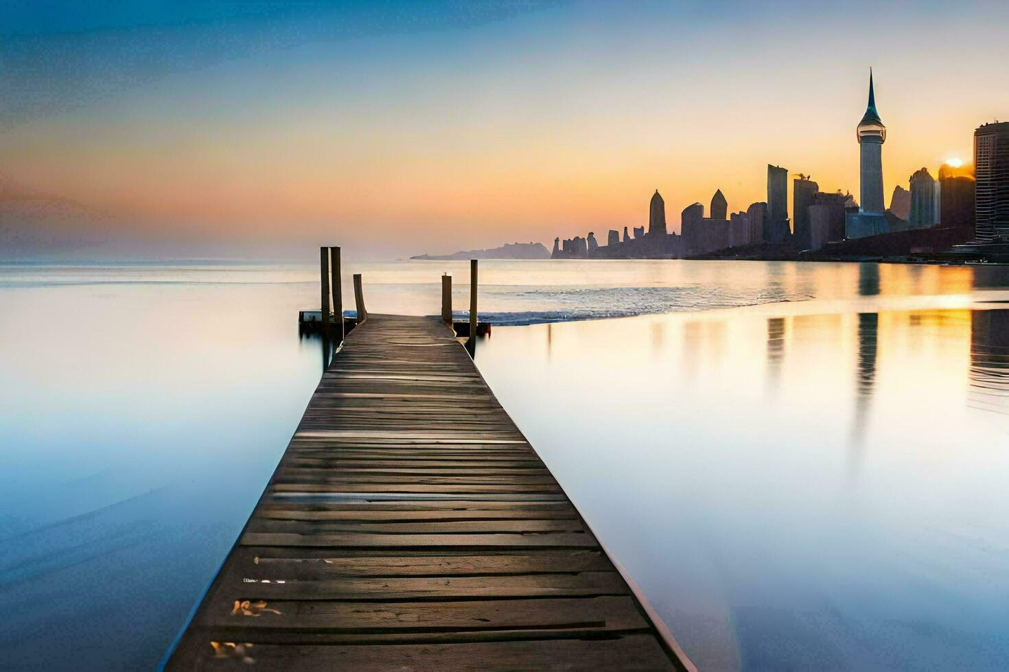 a wooden pier stretches out into the ocean at sunset. AI-Generated photo