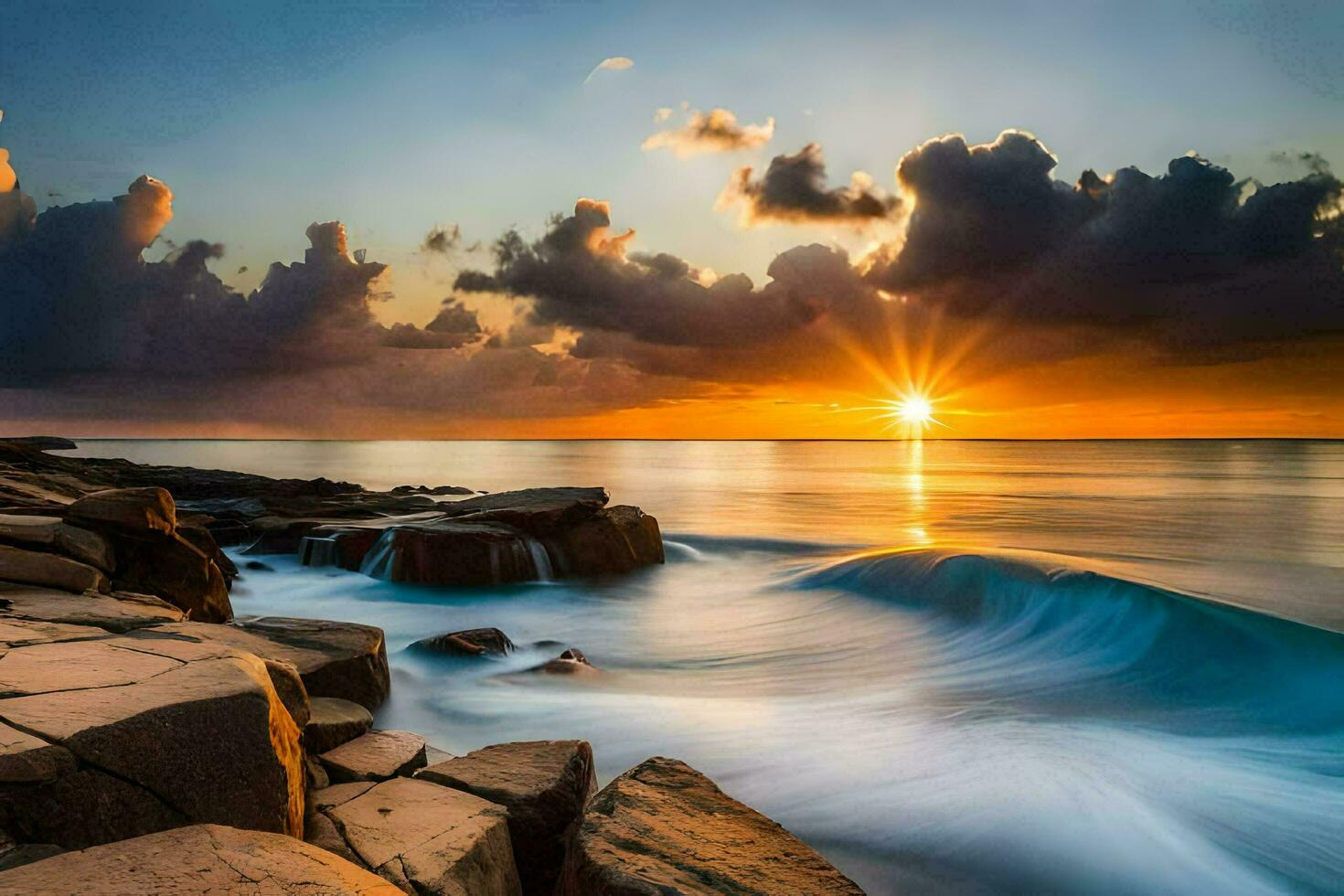the sun rises over the ocean and rocks. AI-Generated photo