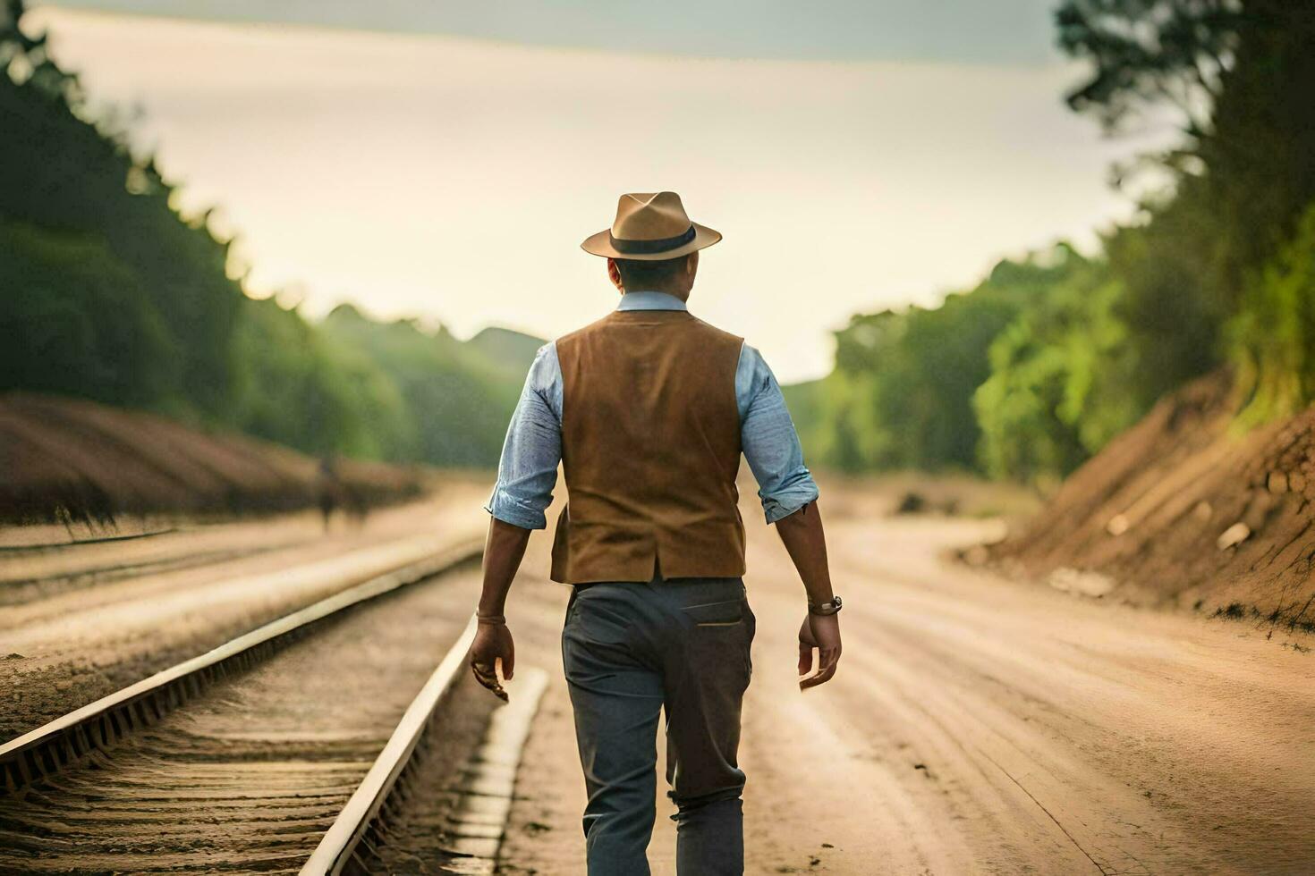 un hombre en un sombrero y chaleco caminando en ferrocarril pistas generado por ai foto