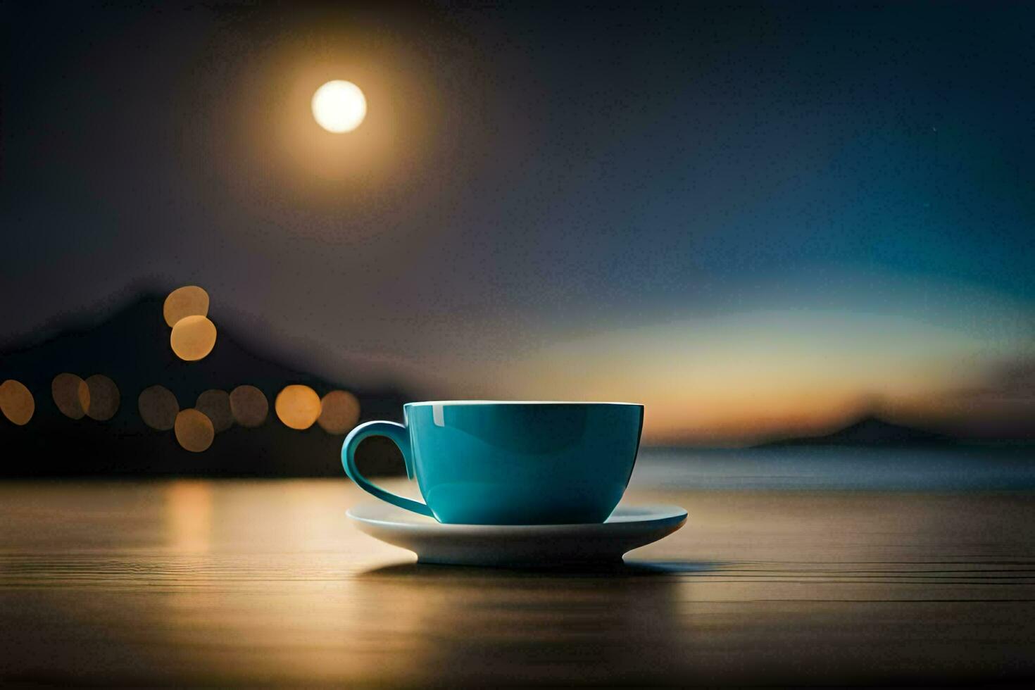 a blue cup sits on a table in front of a full moon. AI-Generated photo
