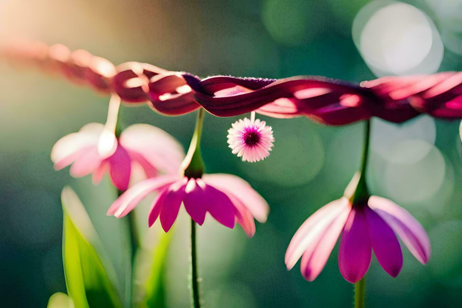 pink flowers hanging from a wire. AI-Generated photo