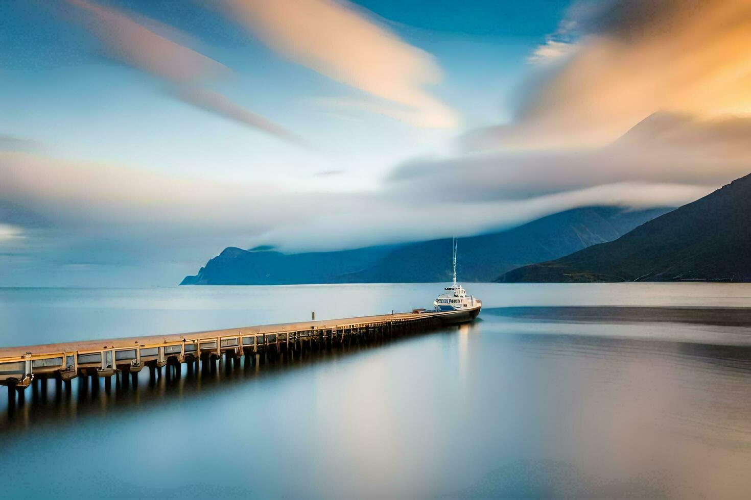 a boat docked on the pier in front of mountains. AI-Generated photo