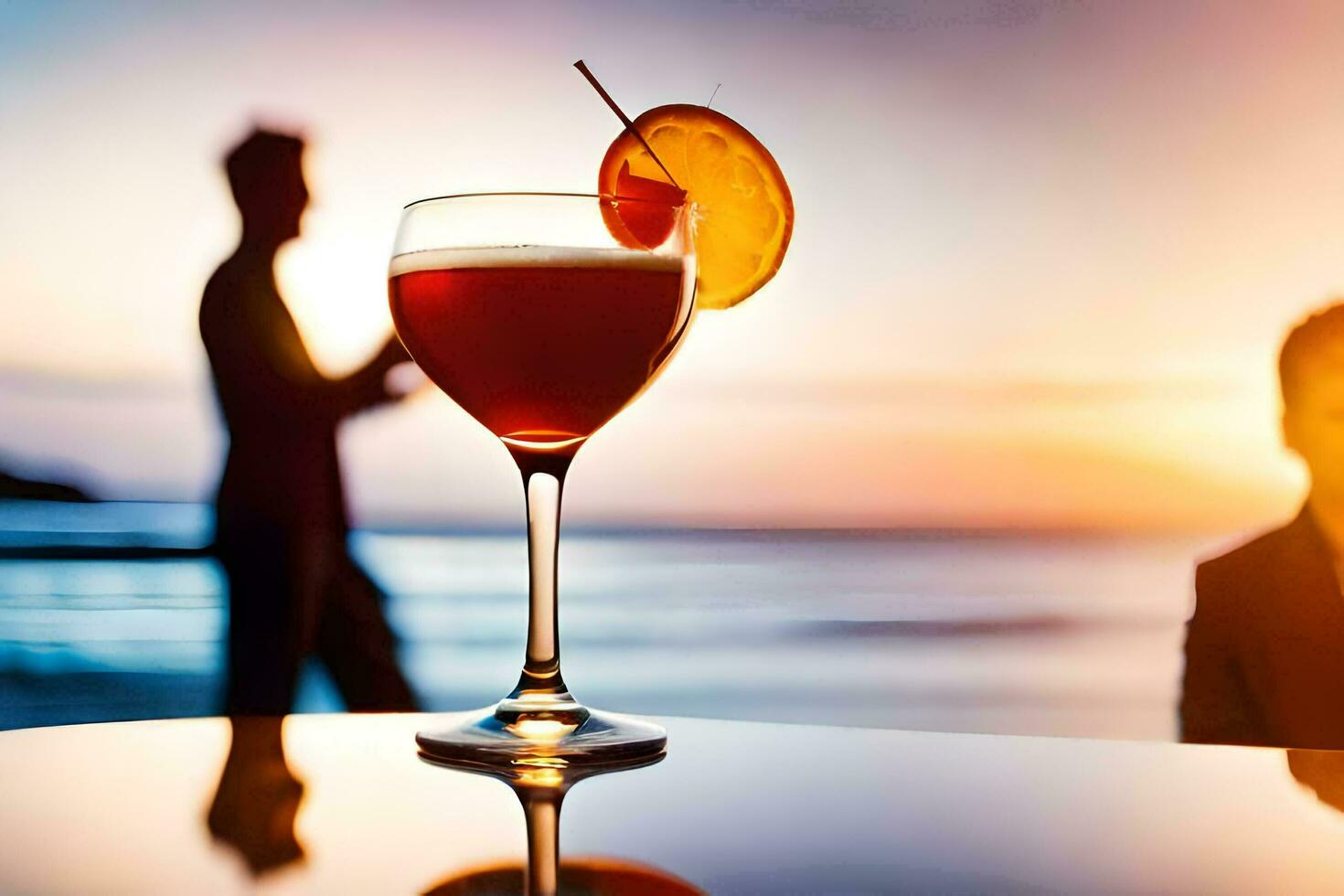 a cocktail on a table with two people in the background. AI-Generated photo