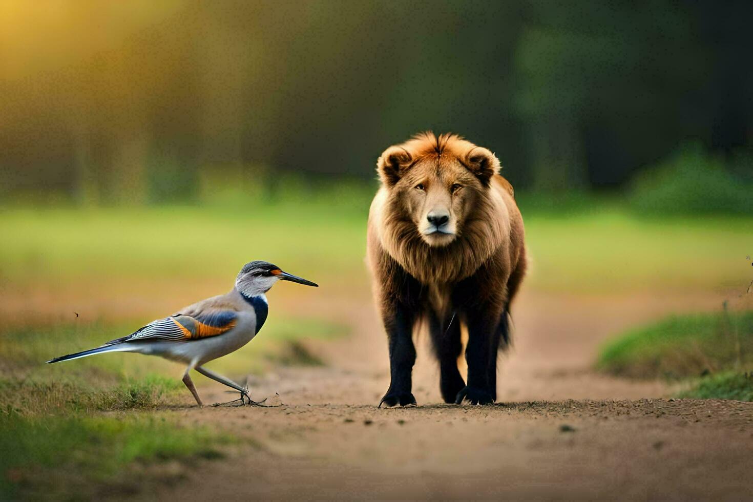 a lion and a bird on a road. AI-Generated photo