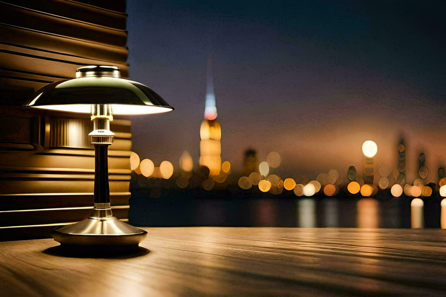 a lamp on a table in front of a window with a city in the background. AI-Generated photo
