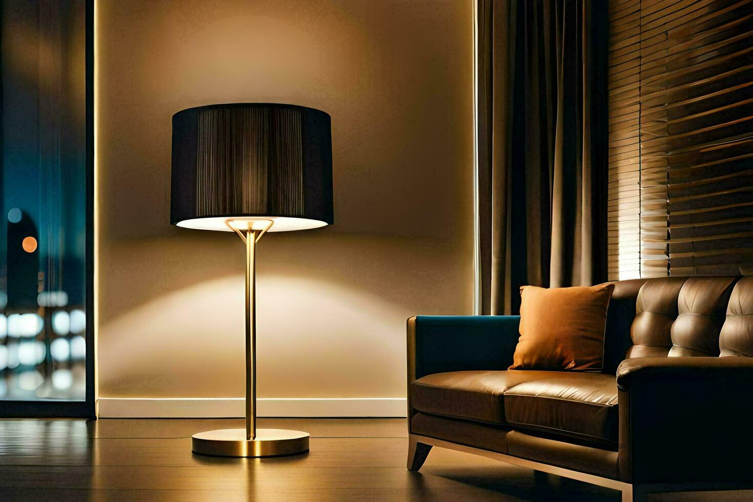 a modern living room with a lamp on the floor. AI-Generated photo