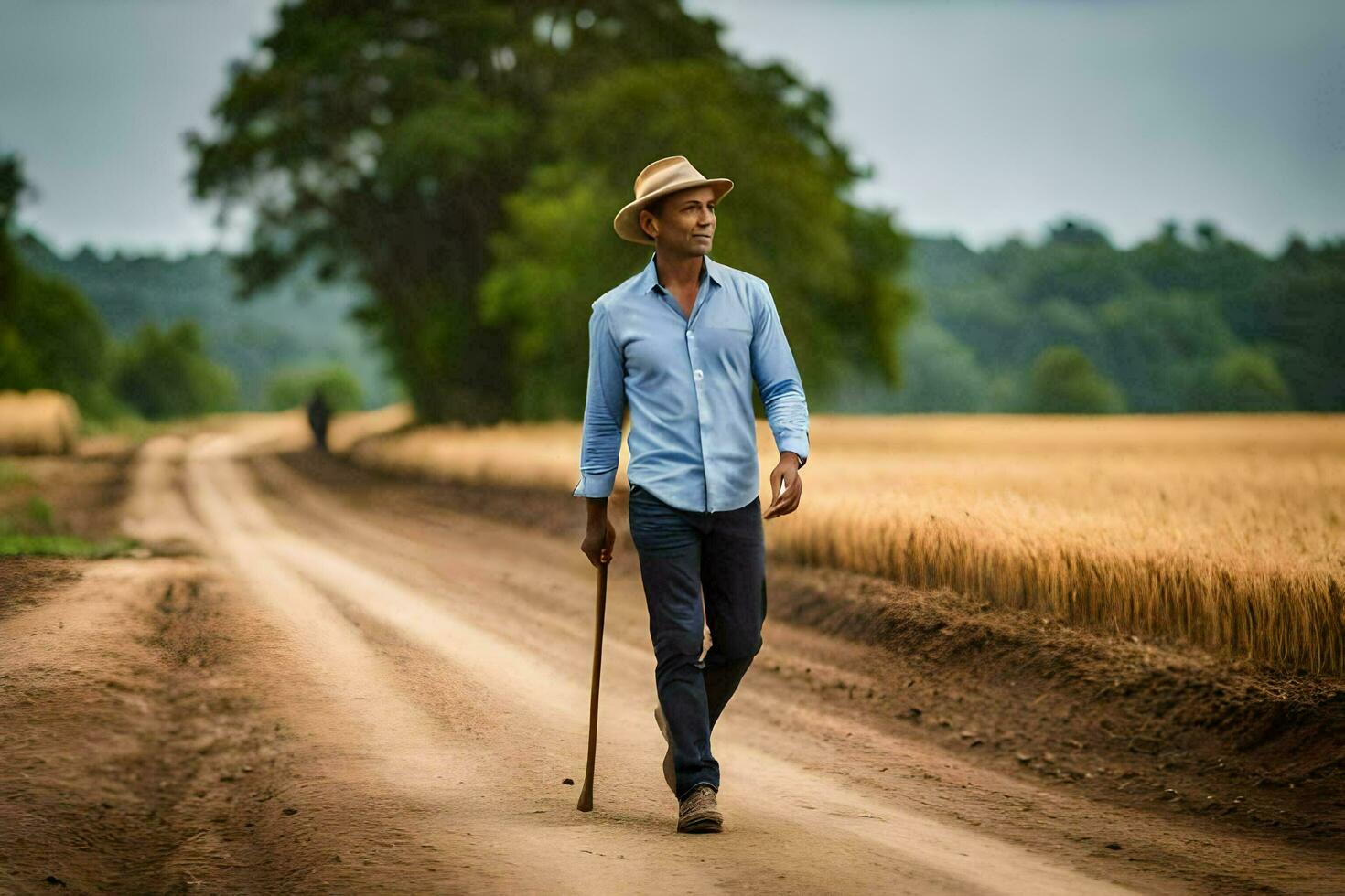 un hombre caminando en un suciedad la carretera con un caña. generado por ai foto