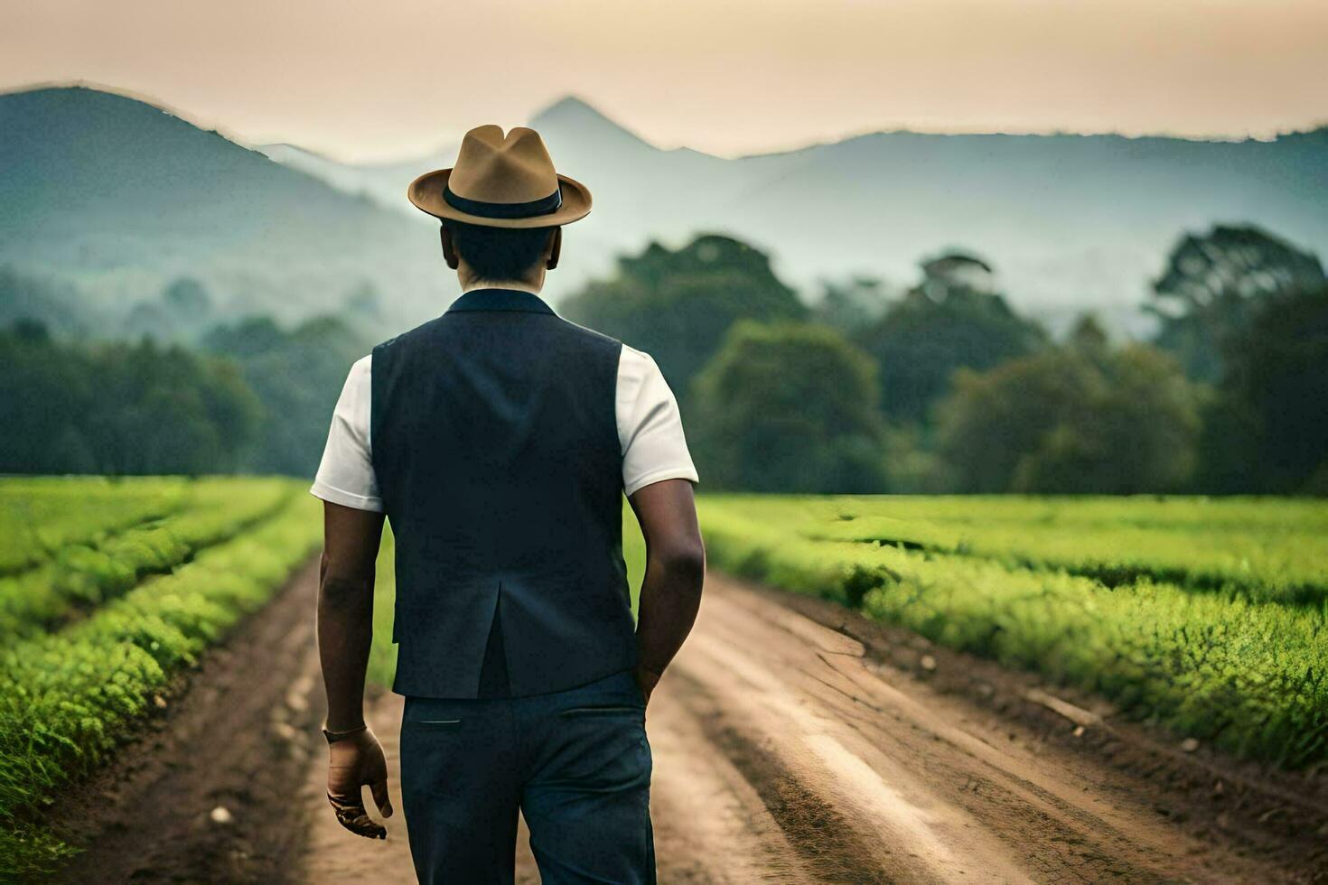 a man in a hat and vest walking down a dirt road. AI-Generated photo