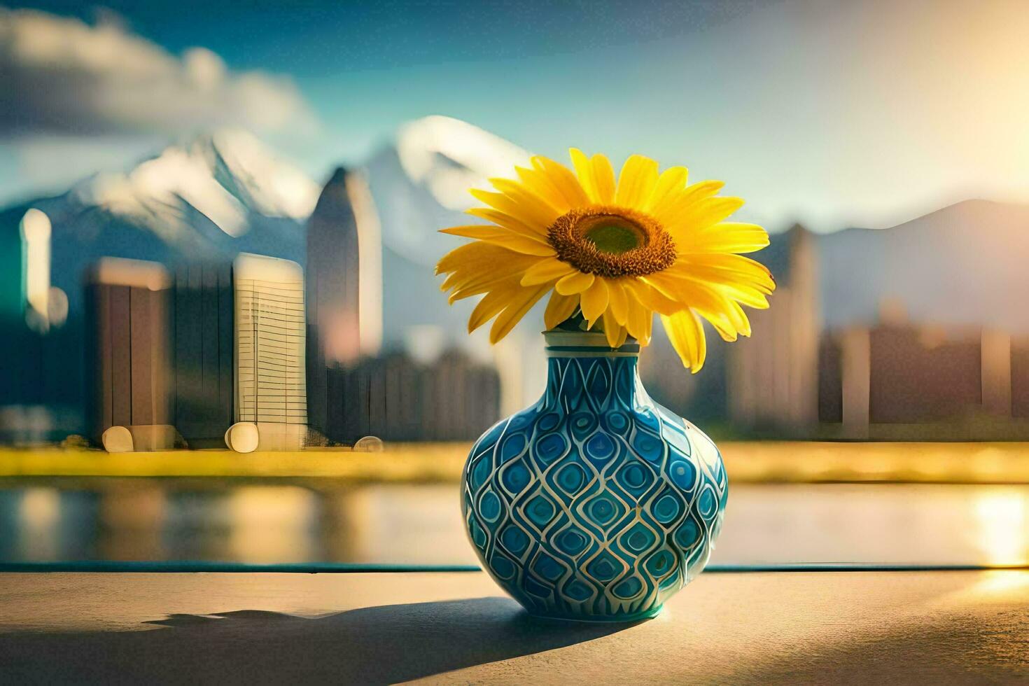 sunflower in a vase with city skyline in the background. AI-Generated photo
