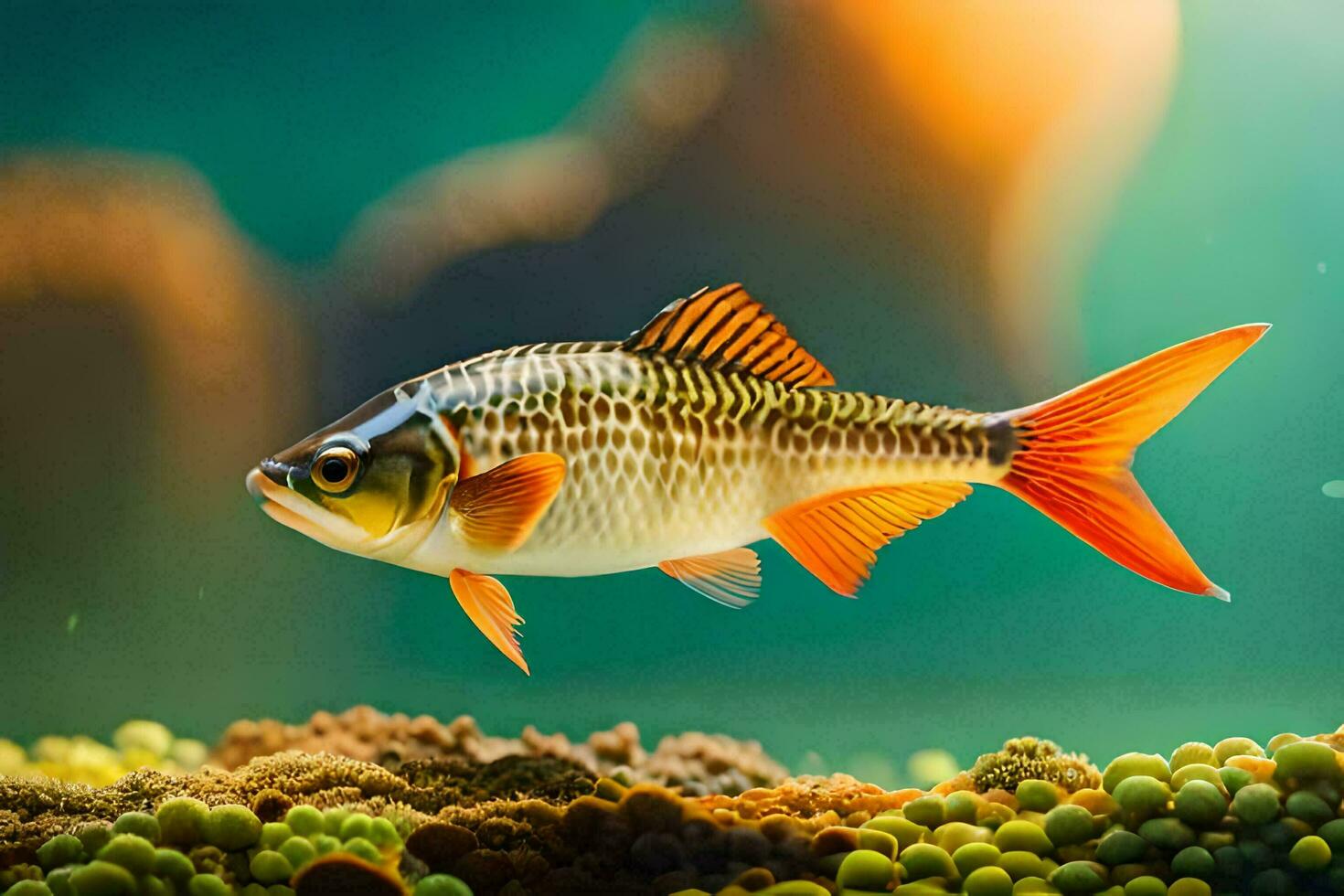 a fish swimming in an aquarium with green algae. AI-Generated photo