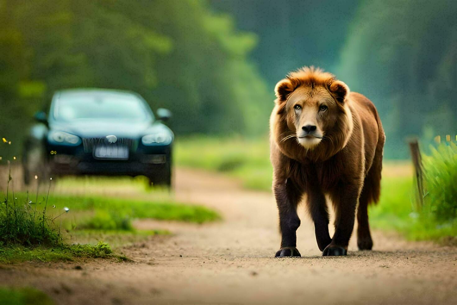 a lion walking on a road with a car in the background. AI-Generated photo
