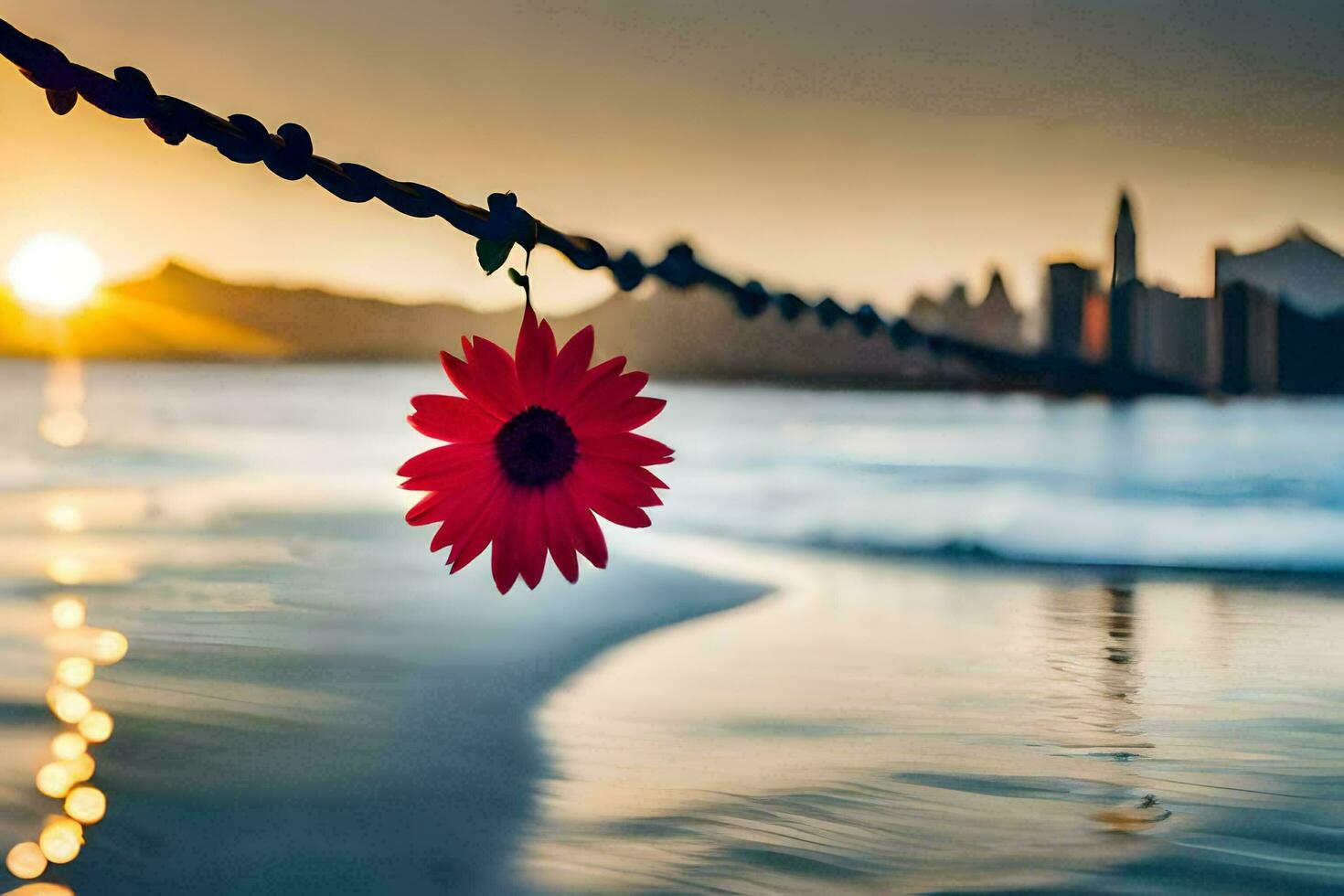 a red flower is hanging from a chain by the beach. AI-Generated photo
