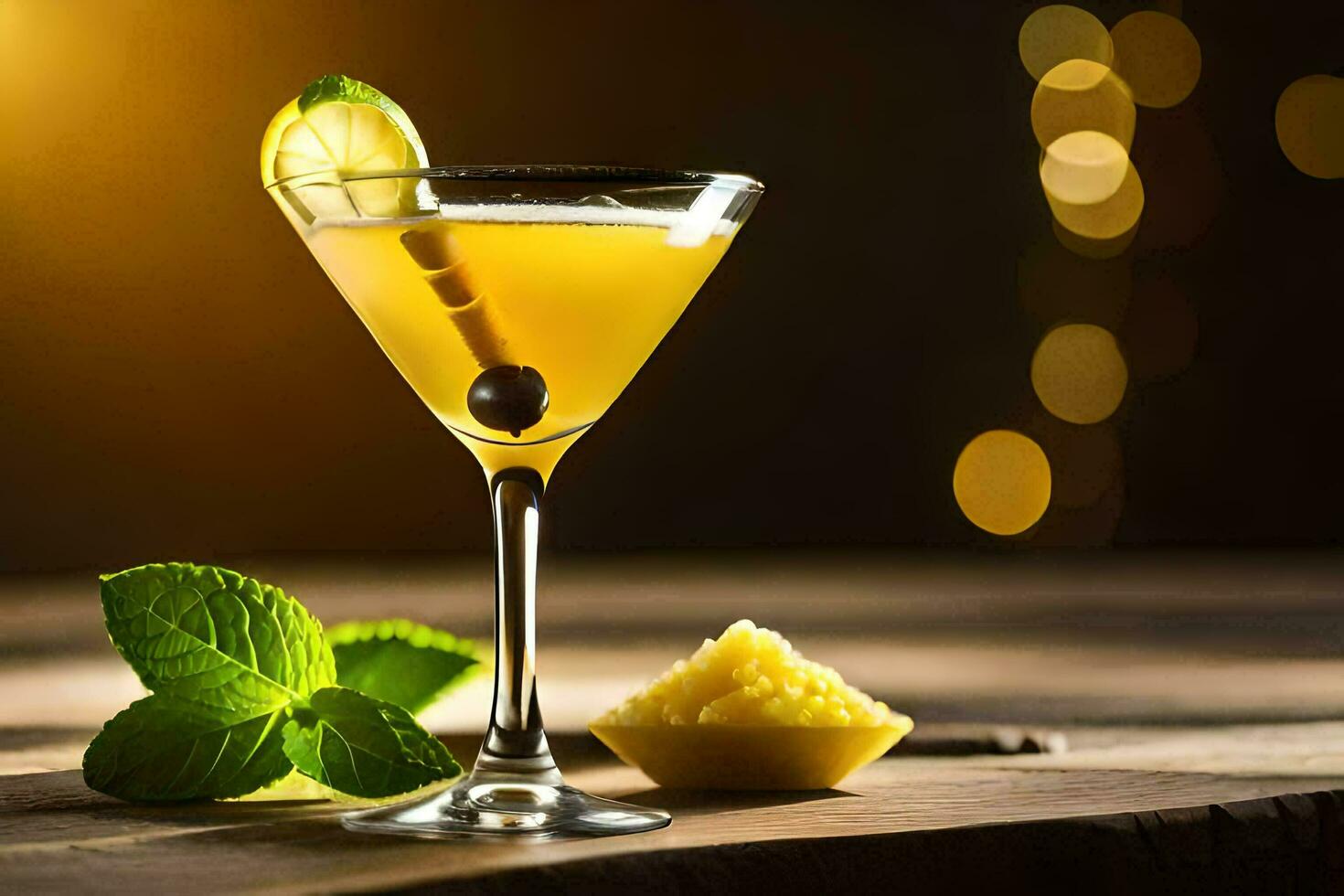 cocktail with lemon and mint on a wooden table. AI-Generated photo