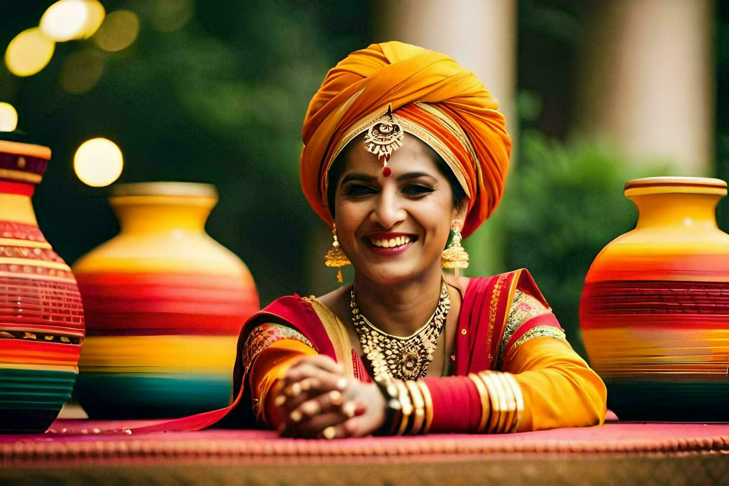 a woman in traditional indian attire sits on a table with colorful pots. AI-Generated photo