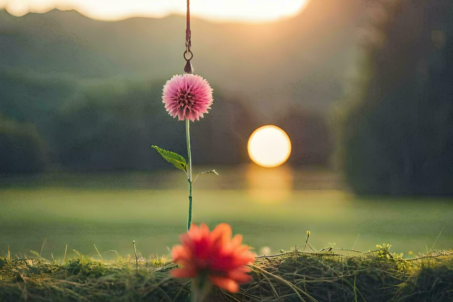 a flower is hanging from a hook in the grass. AI-Generated photo