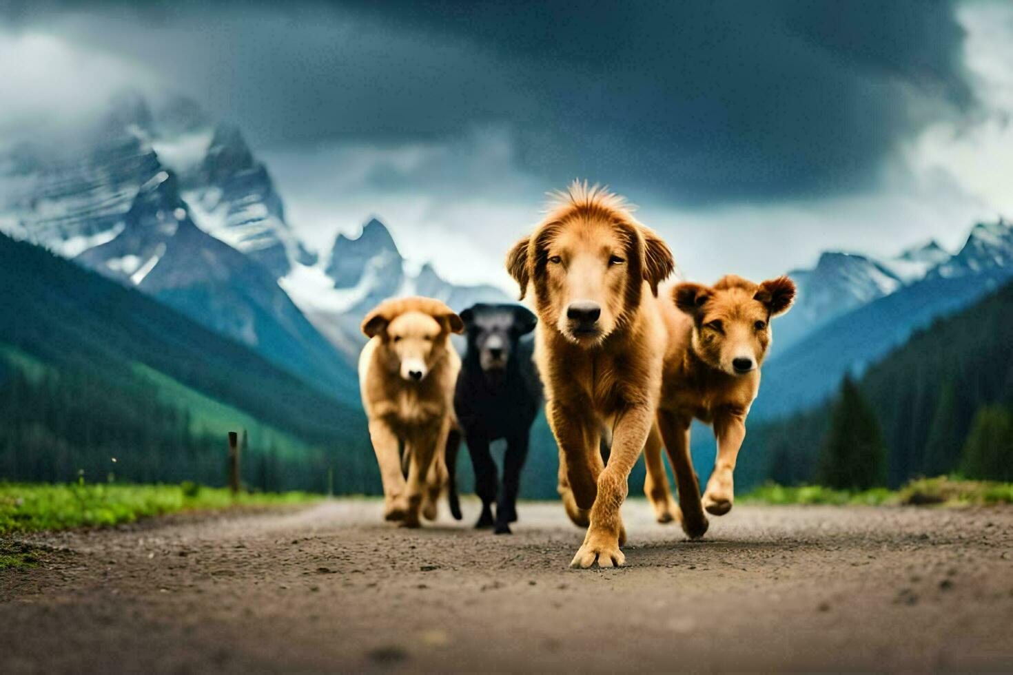 four dogs walking on a road in front of mountains. AI-Generated photo