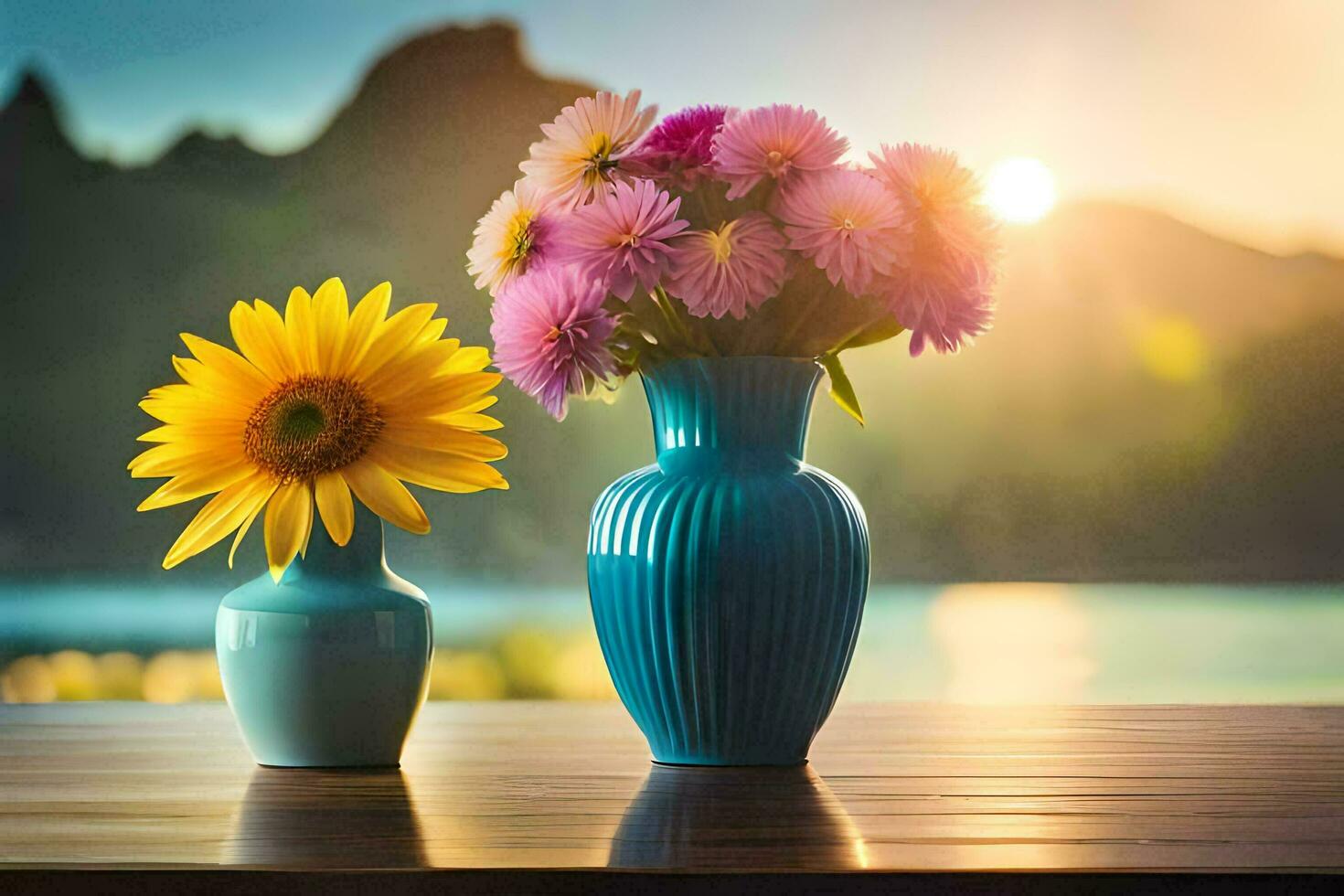 two vases with sunflowers on a table in front of a lake. AI-Generated photo