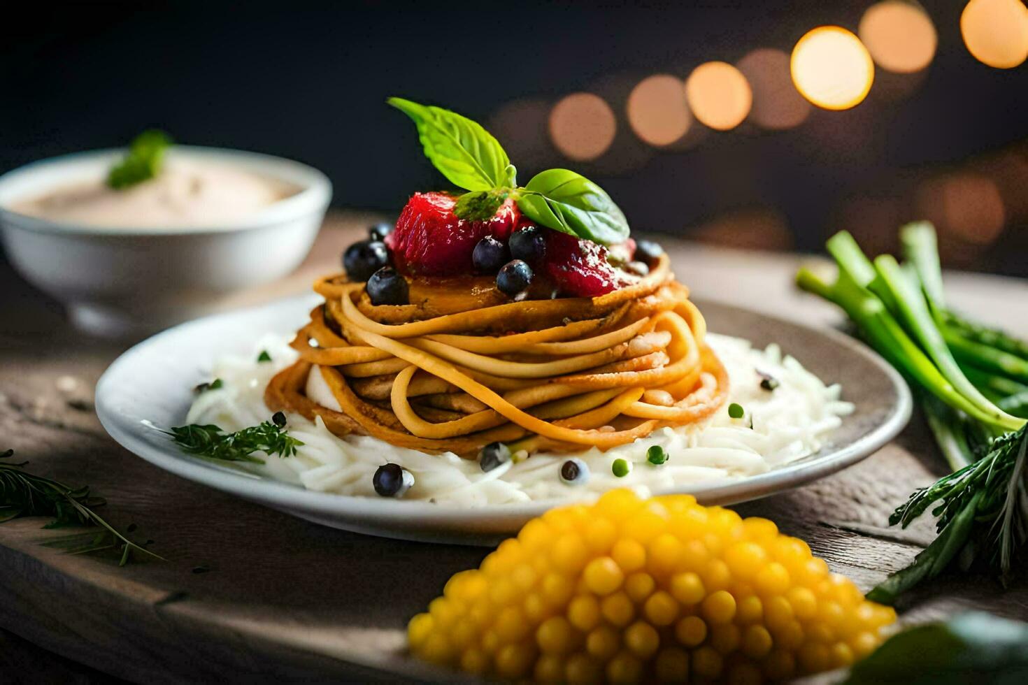 the food is served on a plate with a fork and a spoon. AI-Generated photo
