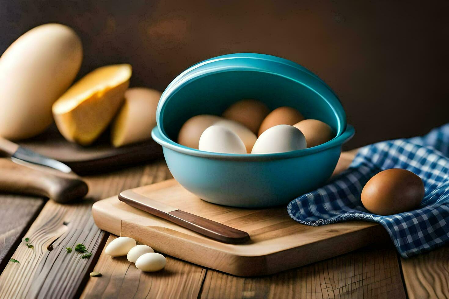 eggs in a bowl on a wooden cutting board. AI-Generated photo