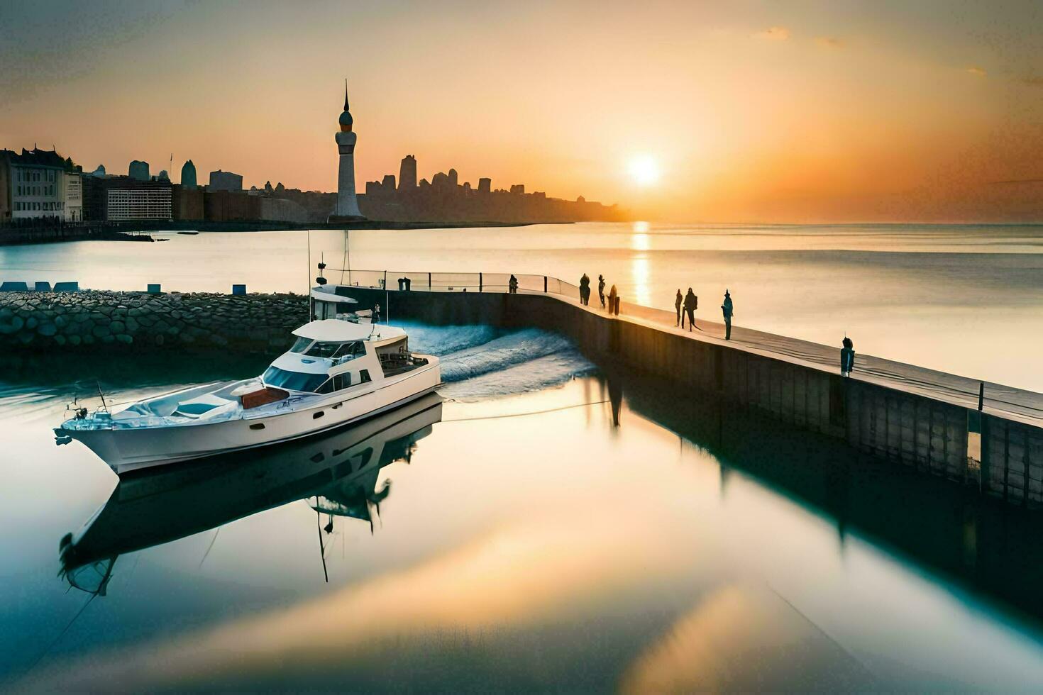 a boat is docked at the pier in front of a city skyline. AI-Generated photo