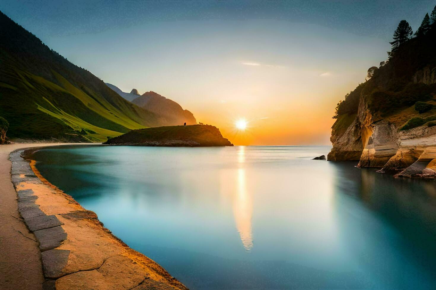 the sun sets over a beach and mountains. AI-Generated photo