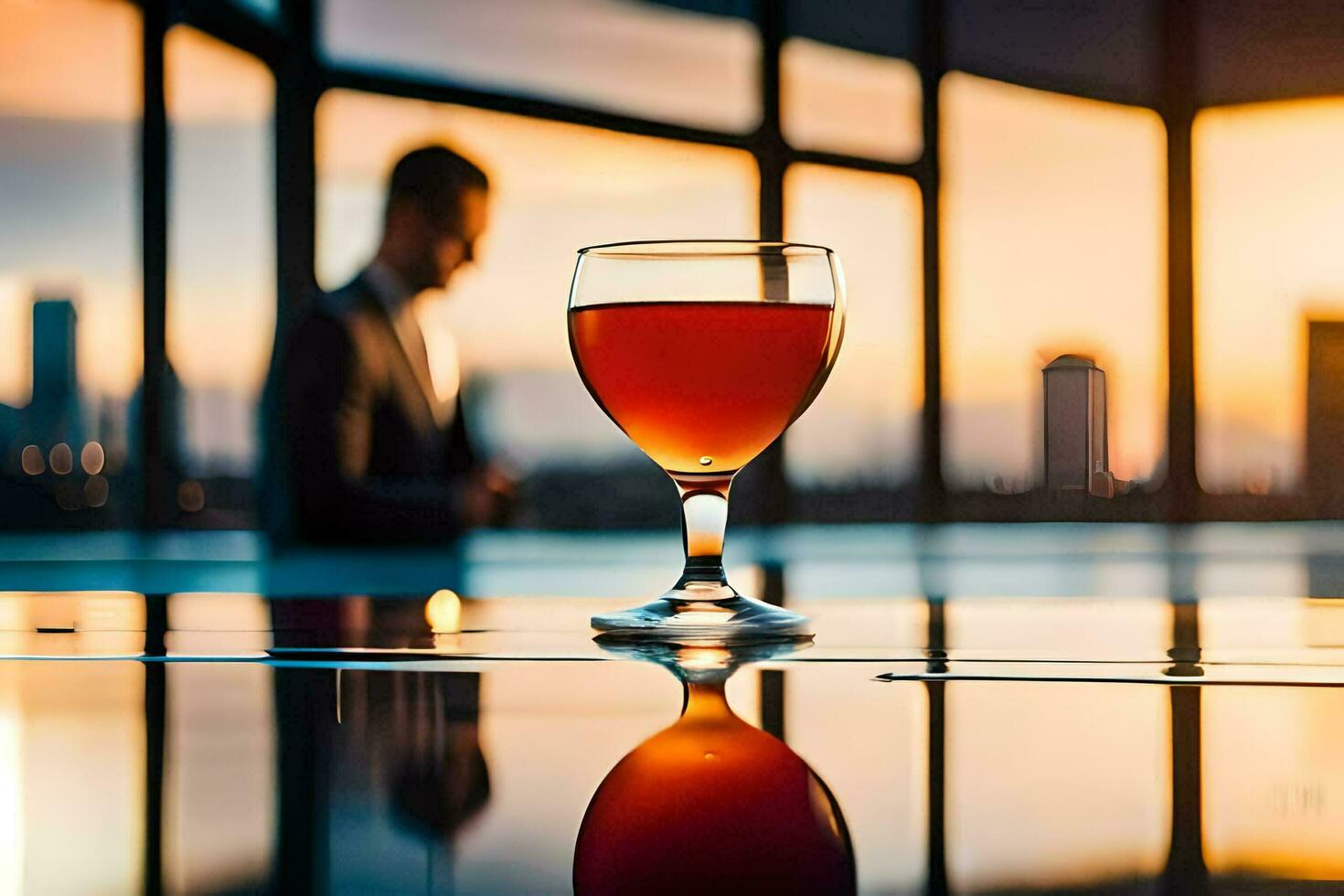 a glass of wine on a table in front of a man. AI-Generated photo